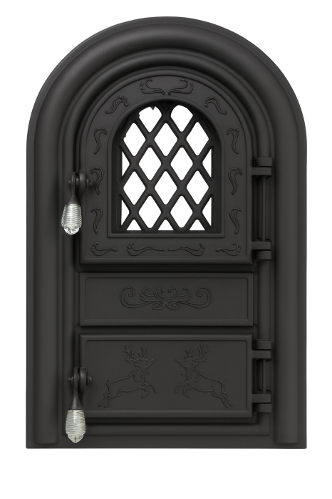 Ușă șemineu din fontă cu geam termorezistent și decor cerbi, model monobloc 555x345 mm [1]