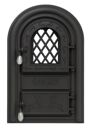 Uși seminee și cuptoare - Ușă șemineu din fontă cu geam termorezistent și decor cerbi, model monobloc 555x345 mm