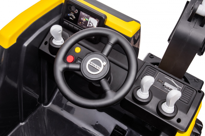 Excavator electric pentru copii Volvo 90W 12V, incarcator actionat electric, scaun tapitat, galben [9]