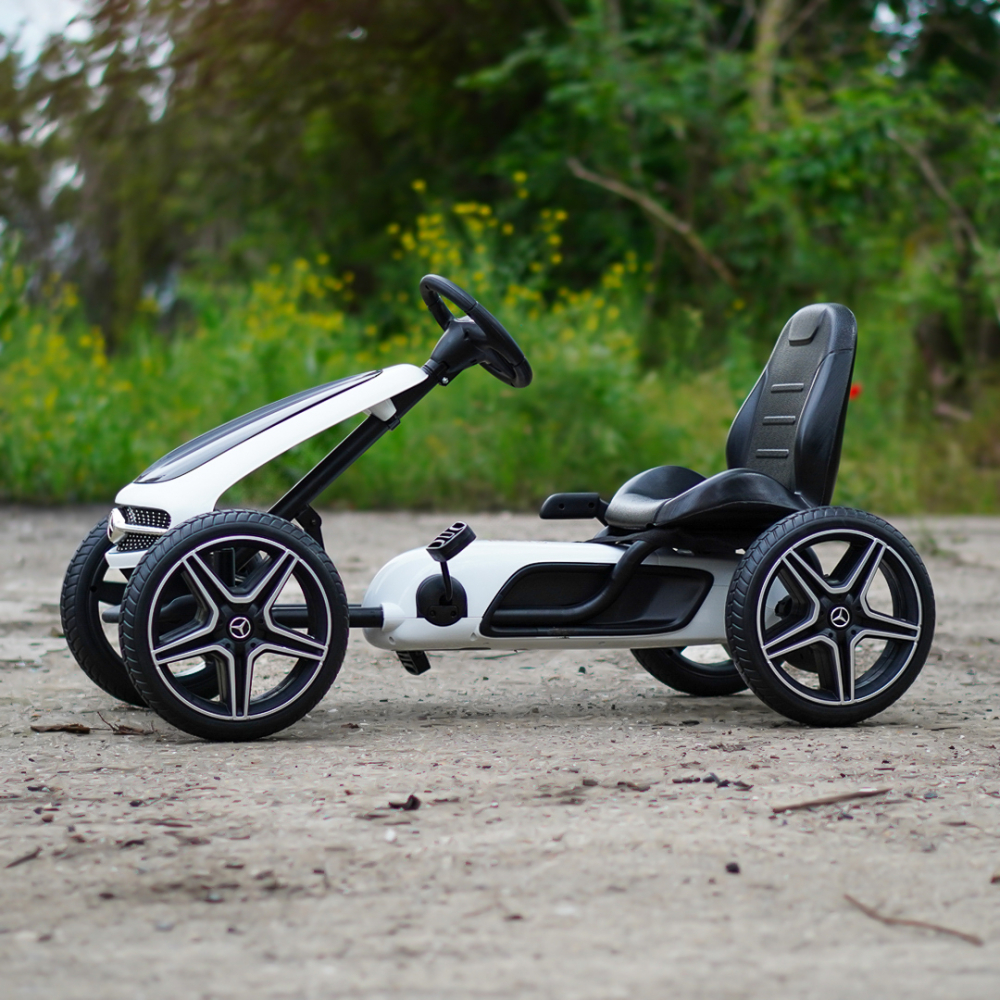 Licensed ride-on GO Kart Mercedes with pedals, solid rubber wheels, adjustable seat, safety belt, white [4]