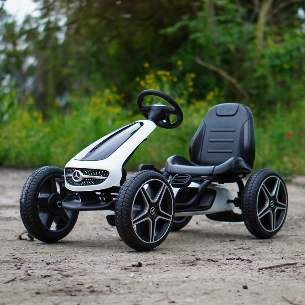 Licensed ride-on GO Kart Mercedes with pedals, solid rubber wheels, adjustable seat, safety belt, white [3]