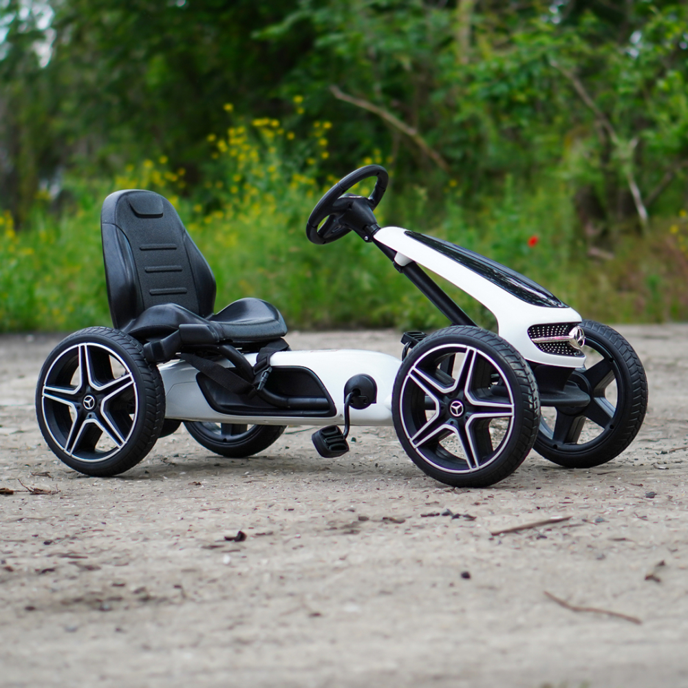 Licensed ride-on GO Kart Mercedes with pedals, solid rubber wheels, adjustable seat, safety belt, white [9]