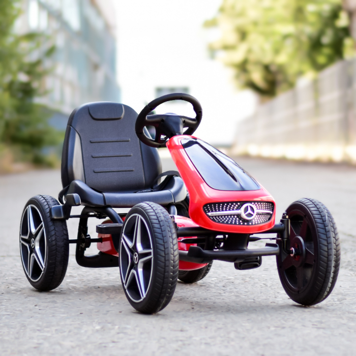 Licensed ride-on GO Kart Mercedes with pedals, solid rubber wheels, adjustable seat, safety belt, red [2]