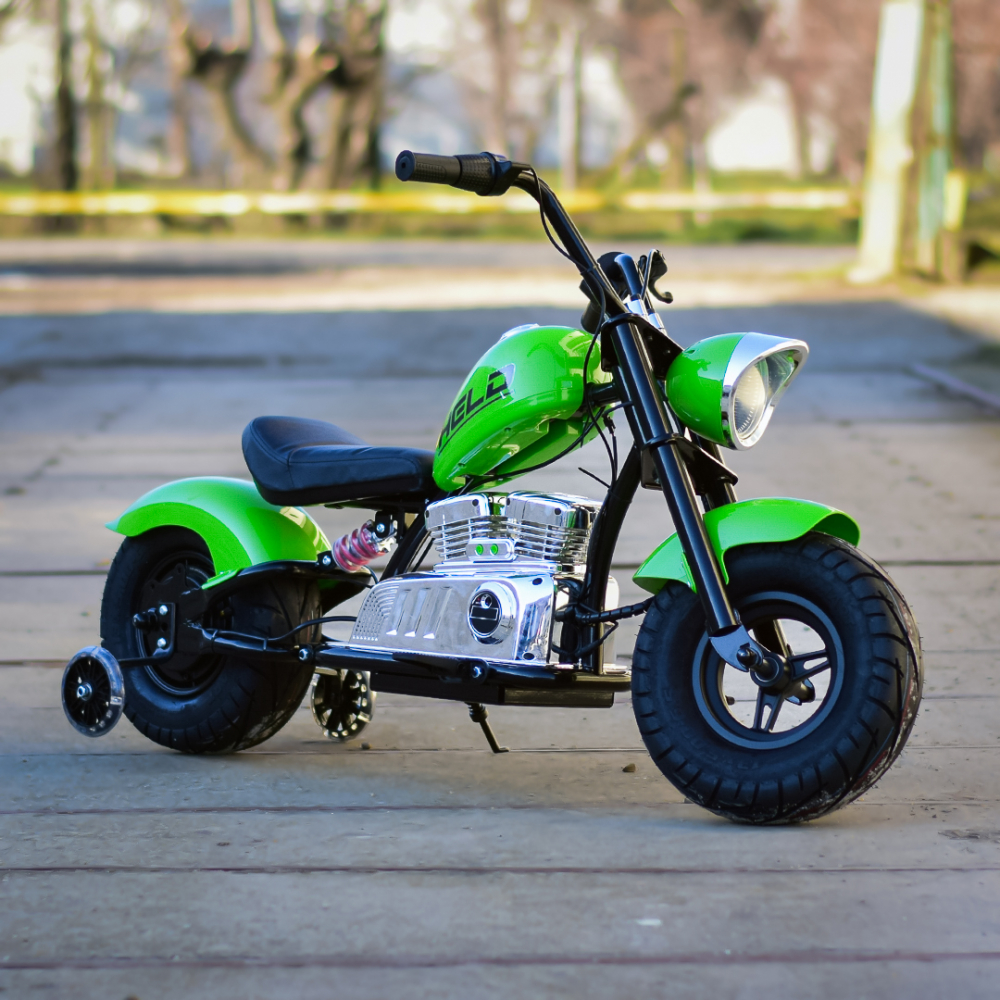 Electric ride-on motorcycle for 5 - 9 years, model Old-School, 300W, 24V, inflatable wheels, upholstered seat, premium, green [5]
