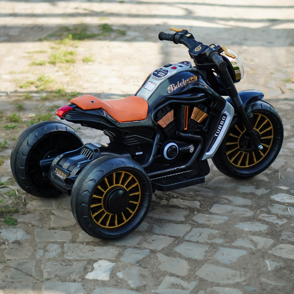 Motocicleta electrica cu 3 roti pentru copii, SuperMoto, 70W, 12V, scaun tapitat, bluetooth, neagra [7]