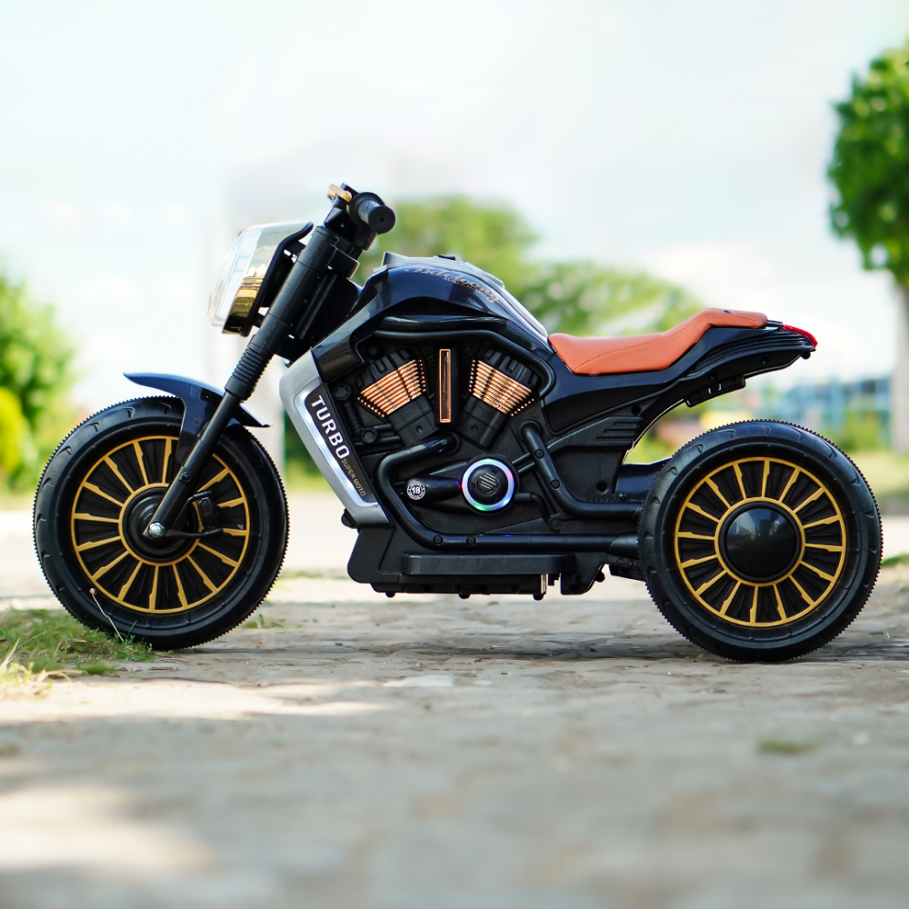 Motocicleta electrica cu 3 roti pentru copii, SuperMoto, 70W, 12V, scaun tapitat, bluetooth, neagra [10]