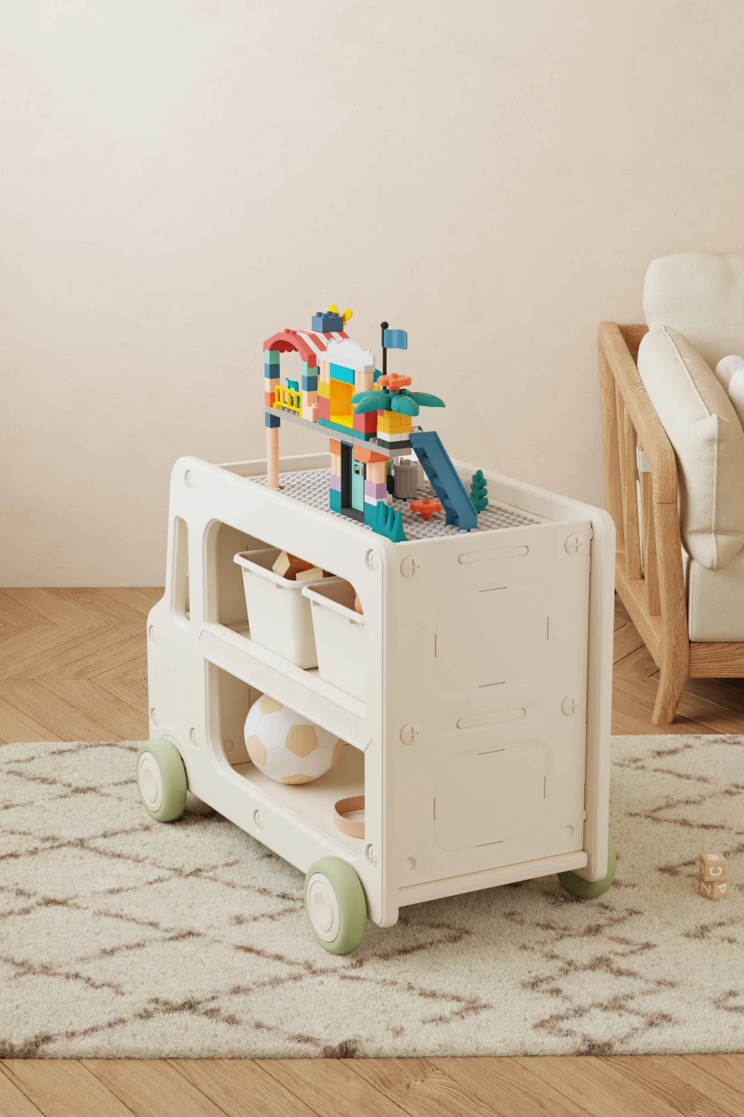 Toy Organizer, Bus-Shaped with Wheels, Multifunctional, Includes LEGO Piece Holder, green [2]