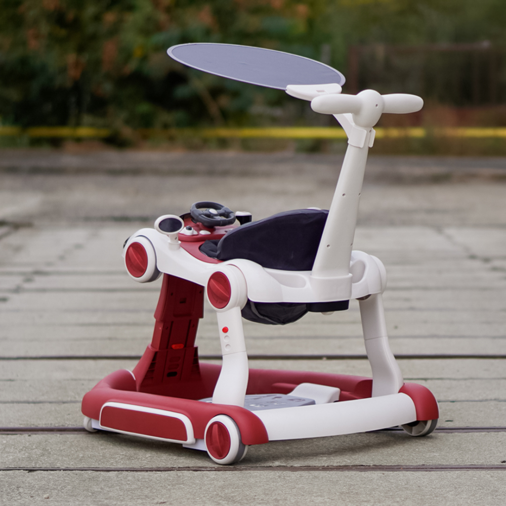5-in-1 Baby Walker, Rocker, Jumper, Parental Handle, Sun Canopy, Steering Wheel, Lights and Music, Adjustable and Foldable, red [7]