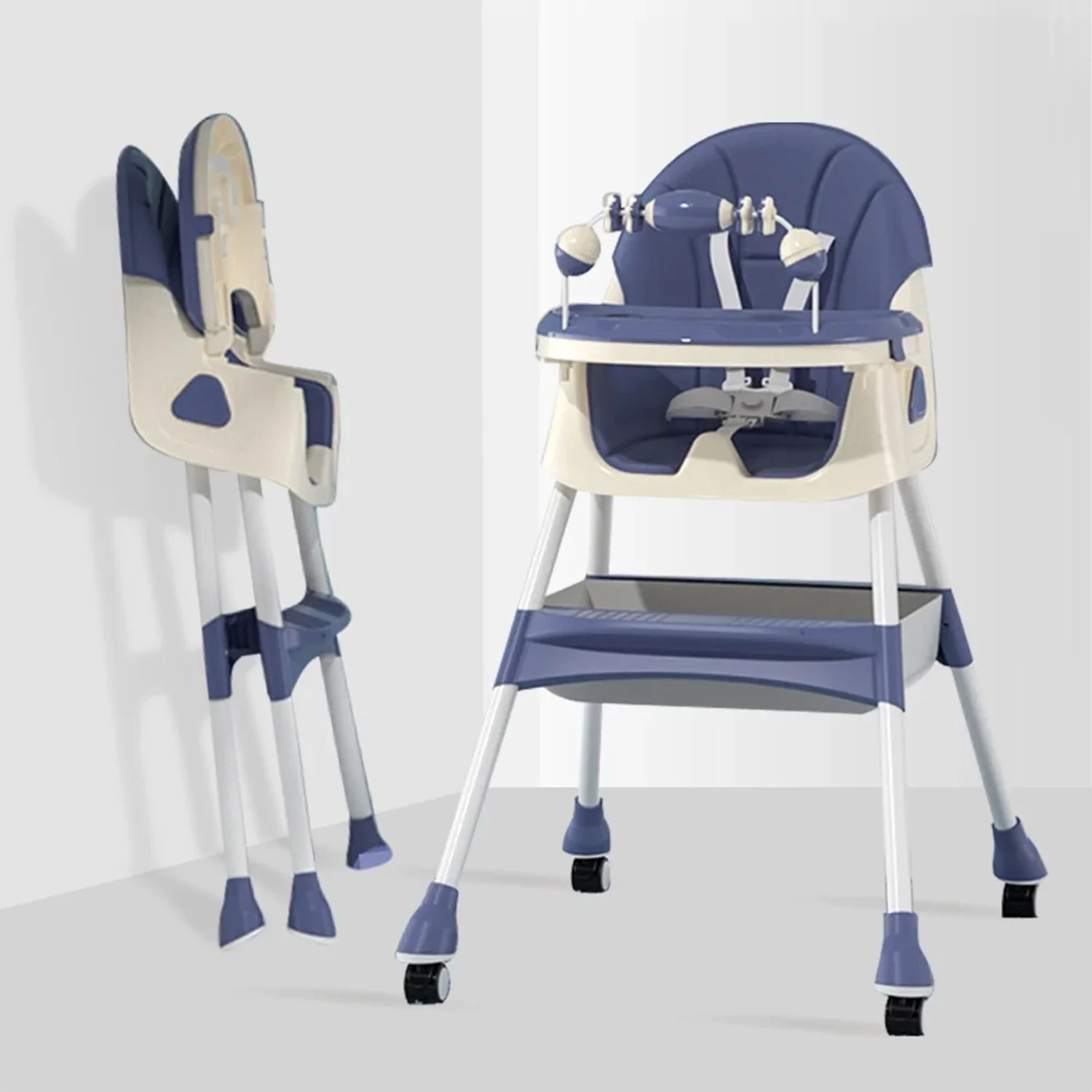 Children’s High Chair & Play Chair, Suitable for Ages 6–36 Months, Adjustable Height, Removable Tray, Safety Harness, blue [2]