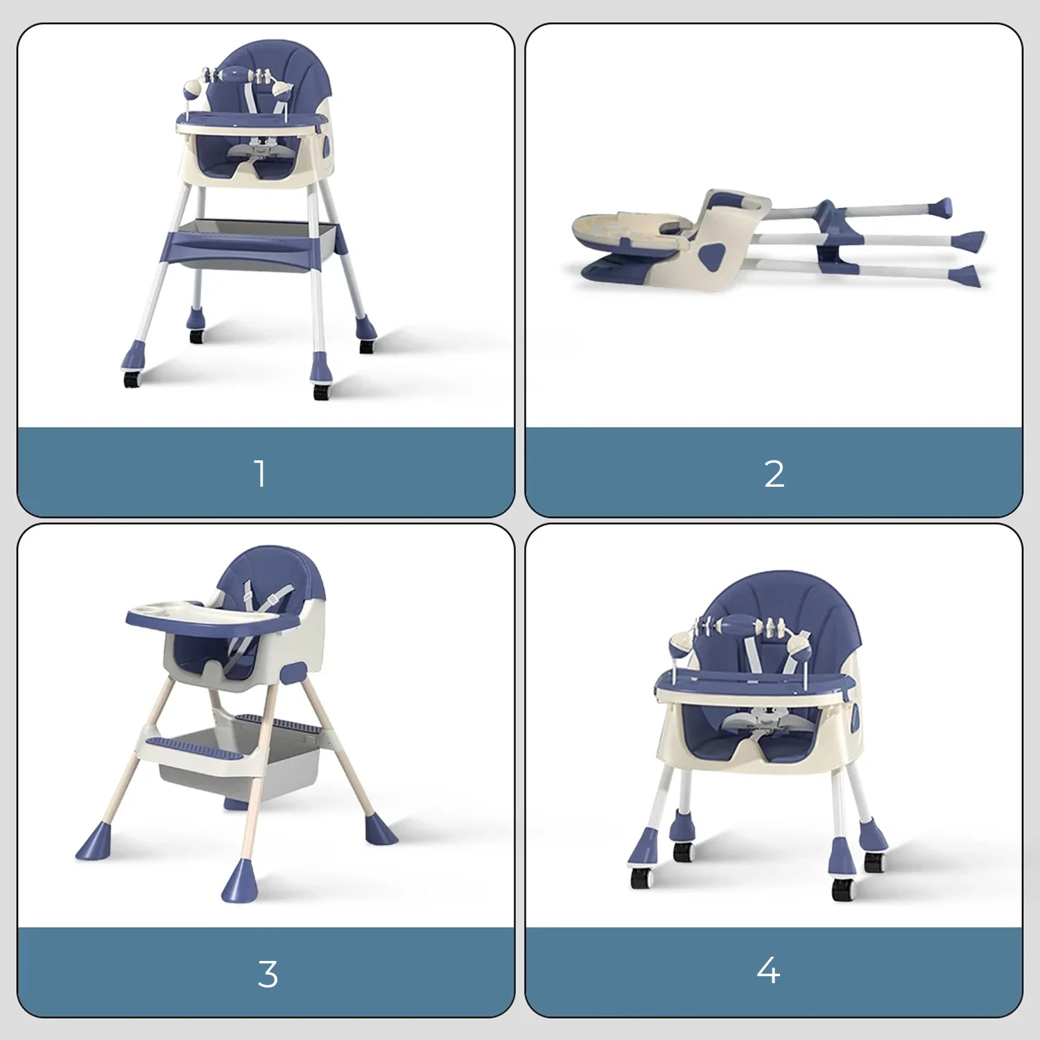 Children’s High Chair & Play Chair, Suitable for Ages 6–36 Months, Adjustable Height, Removable Tray, Safety Harness, blue [4]