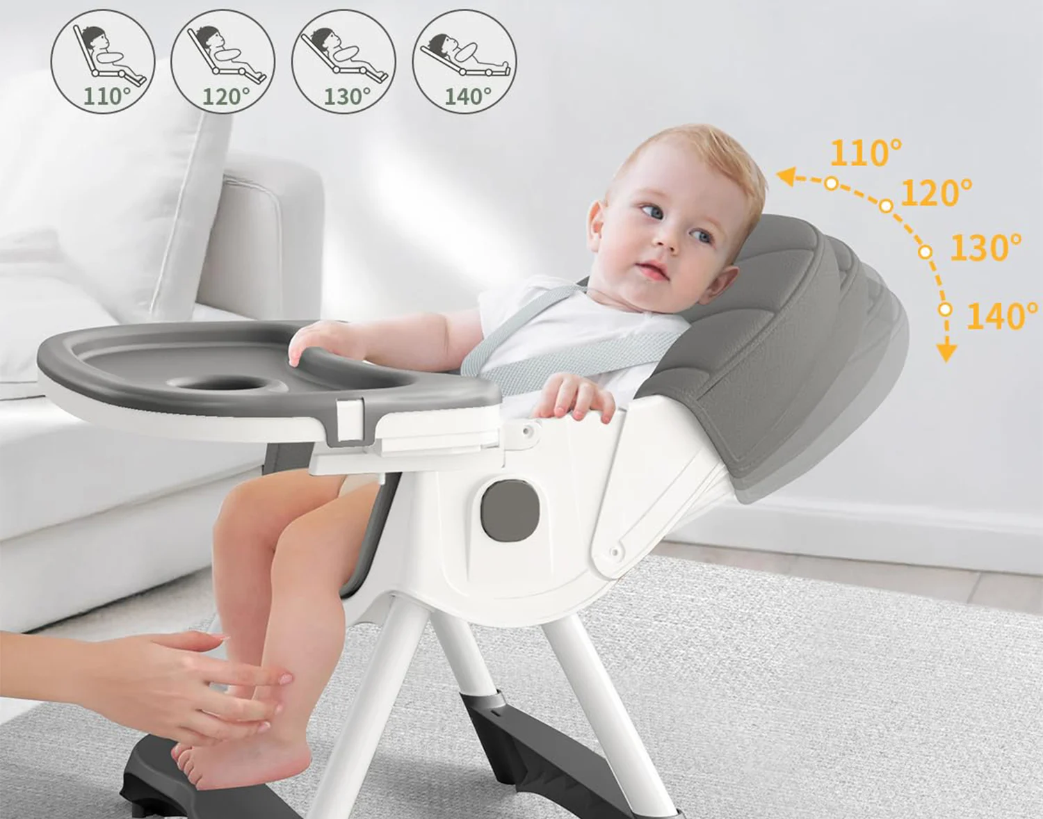 Children’s High Chair & Play Chair, Suitable for Ages 6–36 Months, Adjustable Height, Removable Tray, Safety Harness, gray [3]