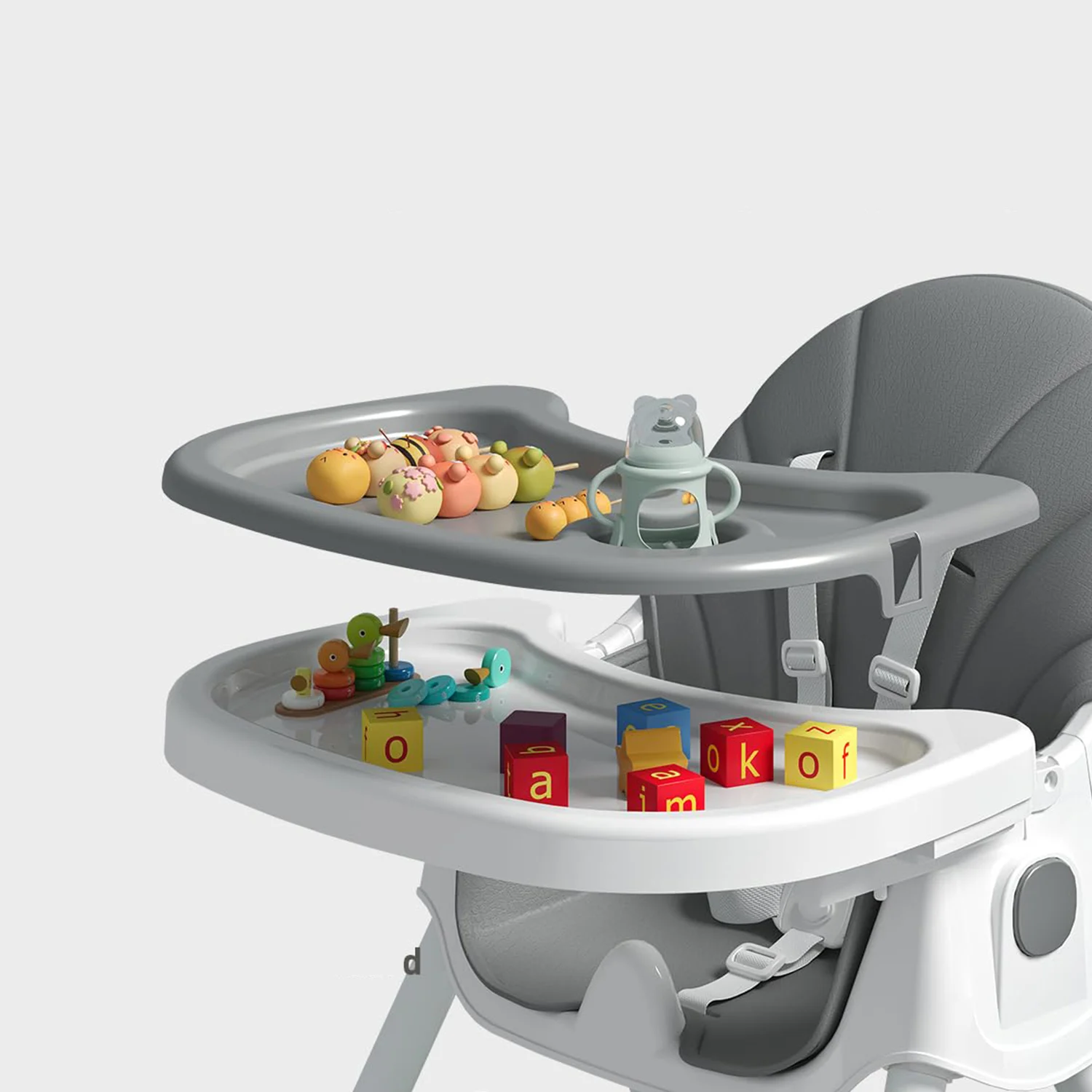 Children’s High Chair & Play Chair, Suitable for Ages 6–36 Months, Adjustable Height, Removable Tray, Safety Harness, gray [5]