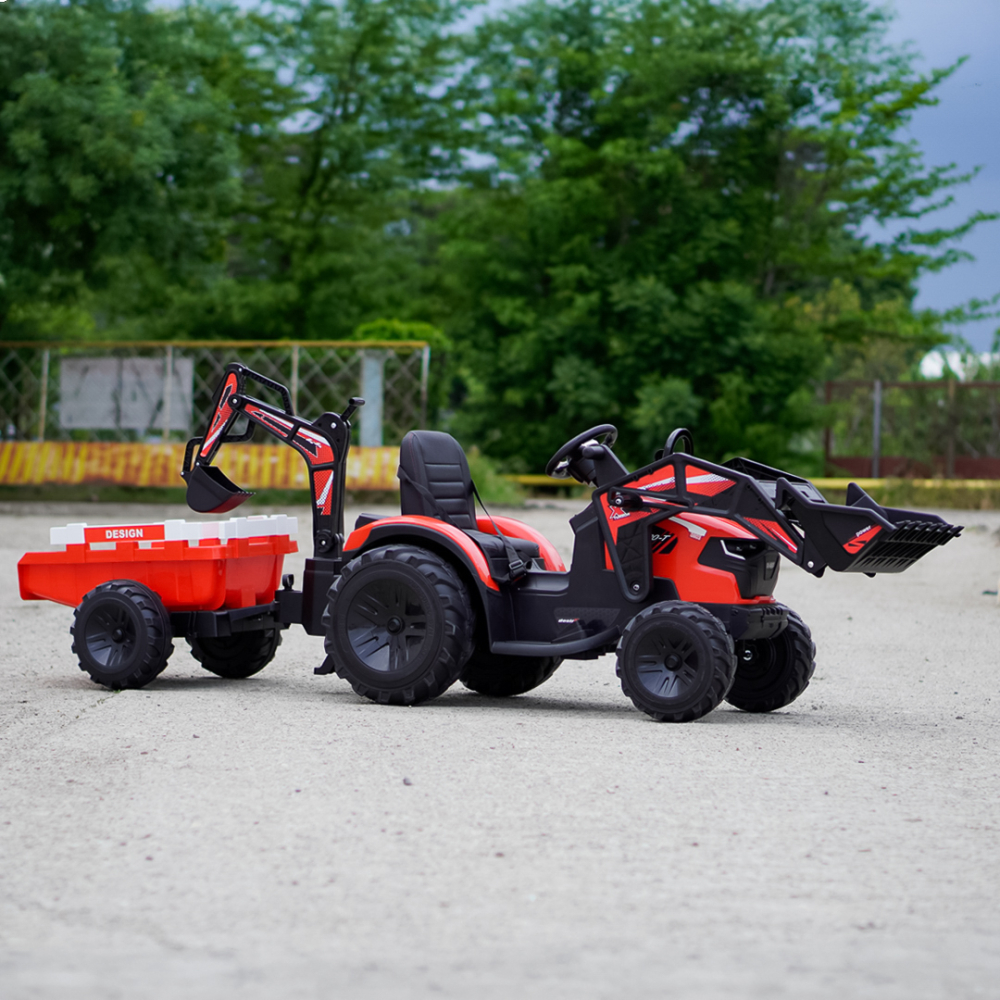 Tractor electric cu remorca pentru copii 720-T, 90W, cupa si incarcator, 12V, premium, rosu [9]