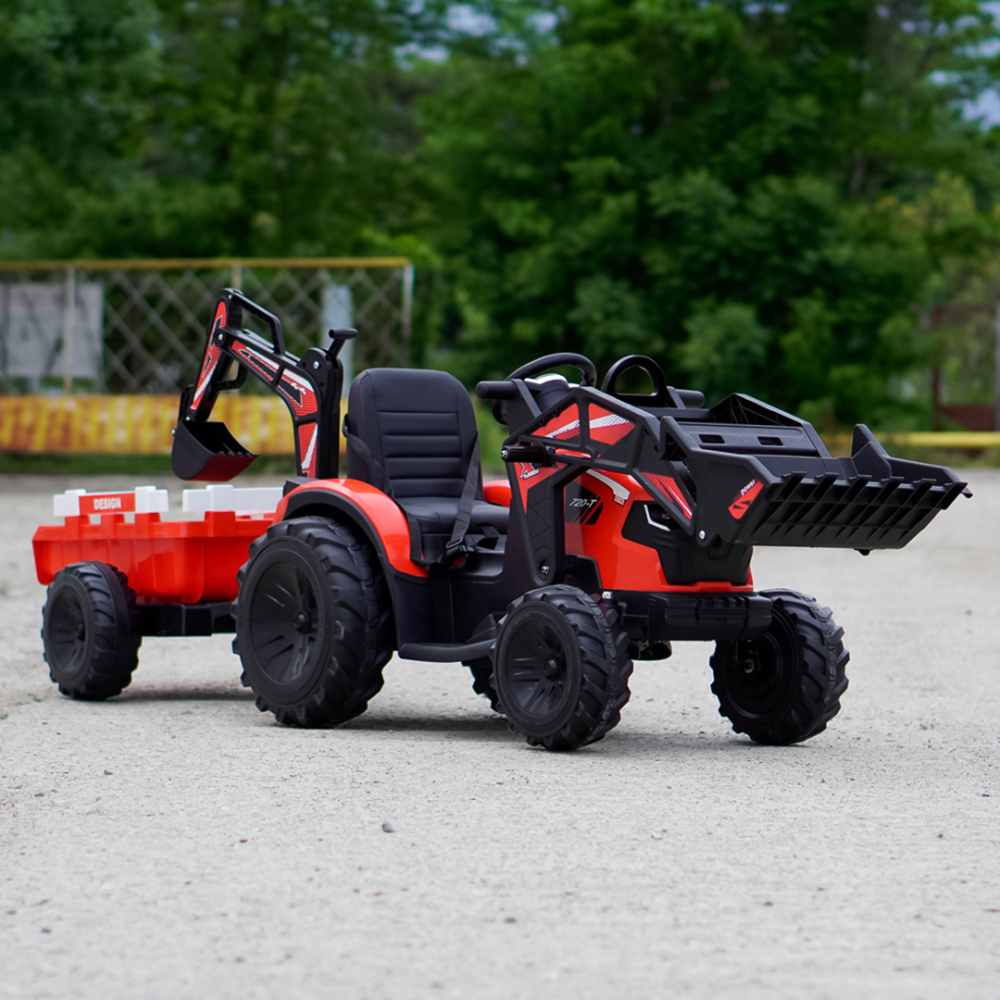 Tractor electric cu remorca pentru copii 720-T, 90W, cupa si incarcator, 12V, premium, rosu [10]