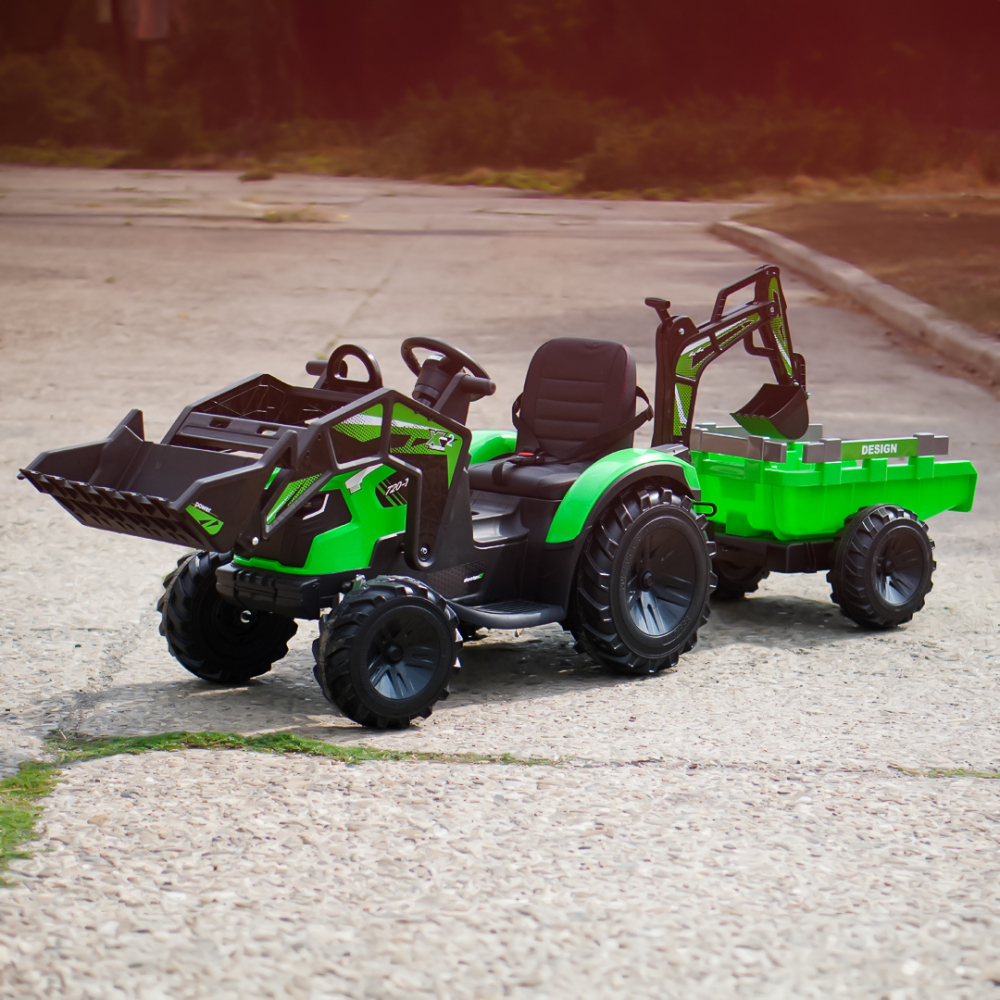 Ride-on tractor with trailer for children 720-T, 90W, bucket and charger, 12V, premium, green [9]