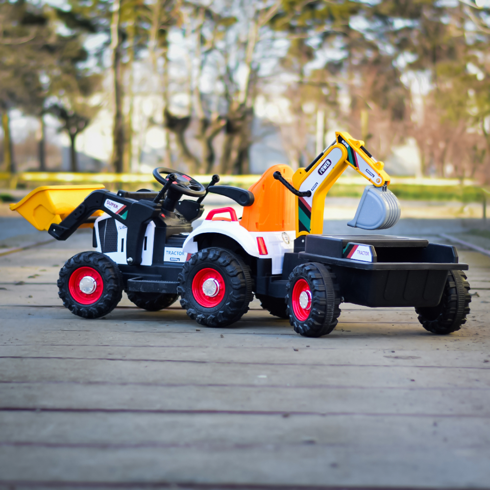 Tractoras electric copii cu remorca, incarcator si cupa, BRJ1588, 70W, 12V, galben [8]