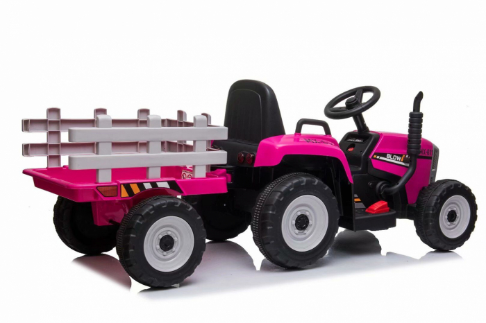 Tractoras electric copii BJ611, 60W 12V, cu remorca si telecomanda roz [17]