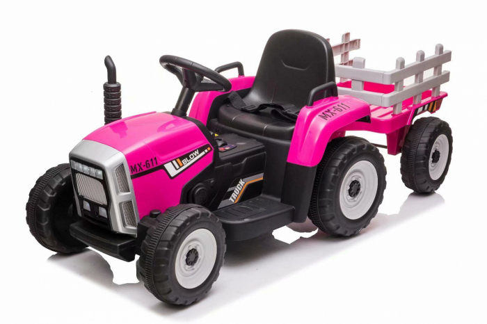 Tractoras electric copii BJ611, 60W 12V, cu remorca si telecomanda roz [20]