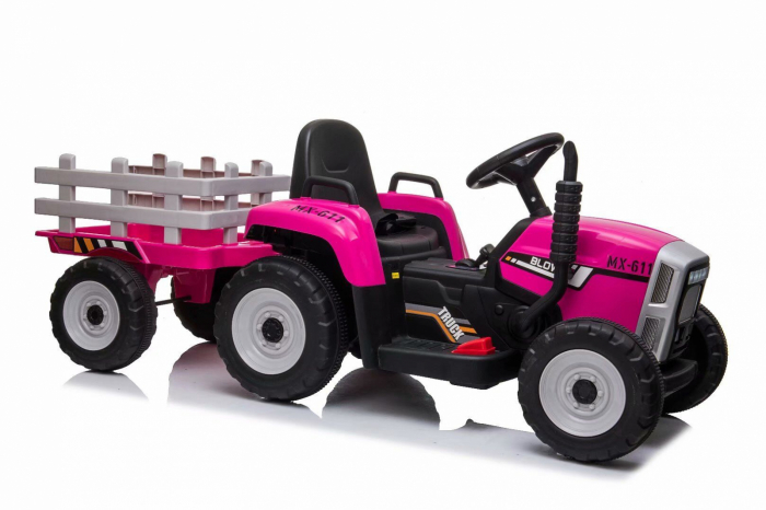Tractoras electric copii BJ611, 60W 12V, cu remorca si telecomanda roz [18]