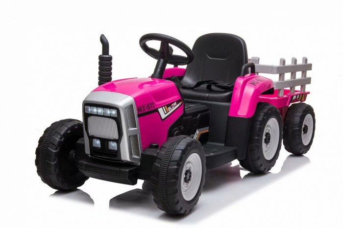 Tractoras electric copii BJ611, 60W 12V, cu remorca si telecomanda roz [1]