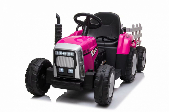 Tractoras electric copii BJ611, 60W 12V, cu remorca si telecomanda roz [13]