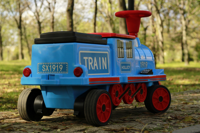 Electric ride on train SX1919 for 2 children, removable 12V battery, 90W, soft wheels, music player, blue [5]