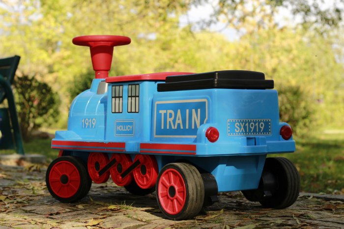 Electric ride on train SX1919 for 2 children, removable 12V battery, 90W, soft wheels, music player, blue [4]