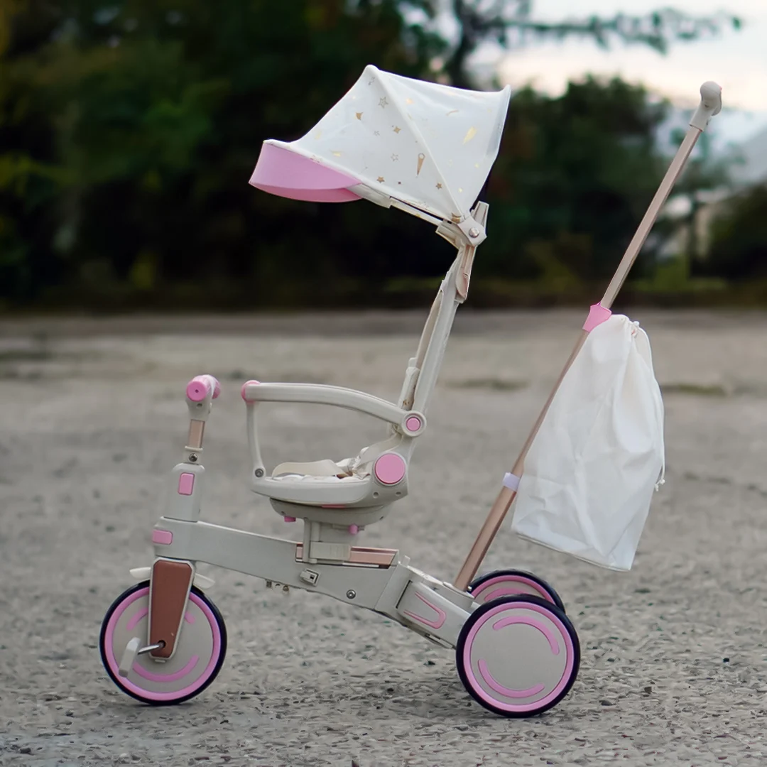 4-in-1 Multifunctional Tricycle for Toddlers, Ages 1–3, Foldable & Adjustable, Soft Wheels, Safety Belt, Detachable Push Handle, pink [8]