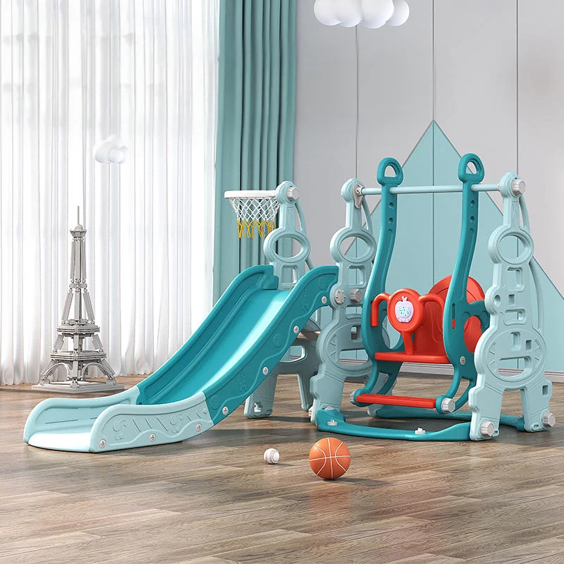 Indoor and outdoor toys - 4-in-1 Kids Play Set – Swing, Slide, Basketball Hoop, Balls & Musical Toy, blue-turquoise