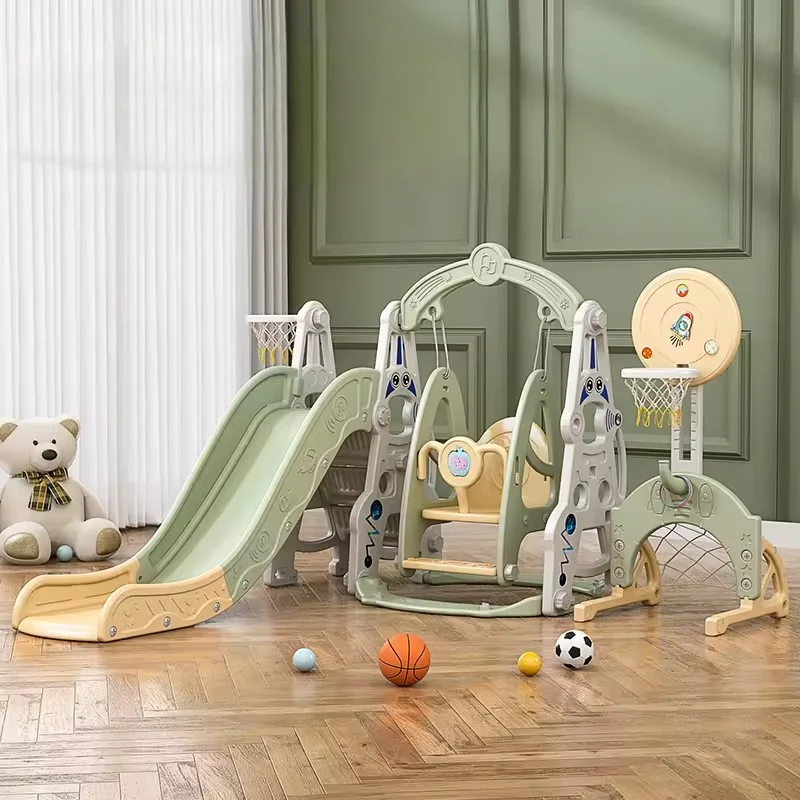Indoor and outdoor toys - Kids 5-in-1 Playset Kinderplay Astronaut – Slide, Swing, Basketball Hoop, Soccer Goal, Included Balls, green