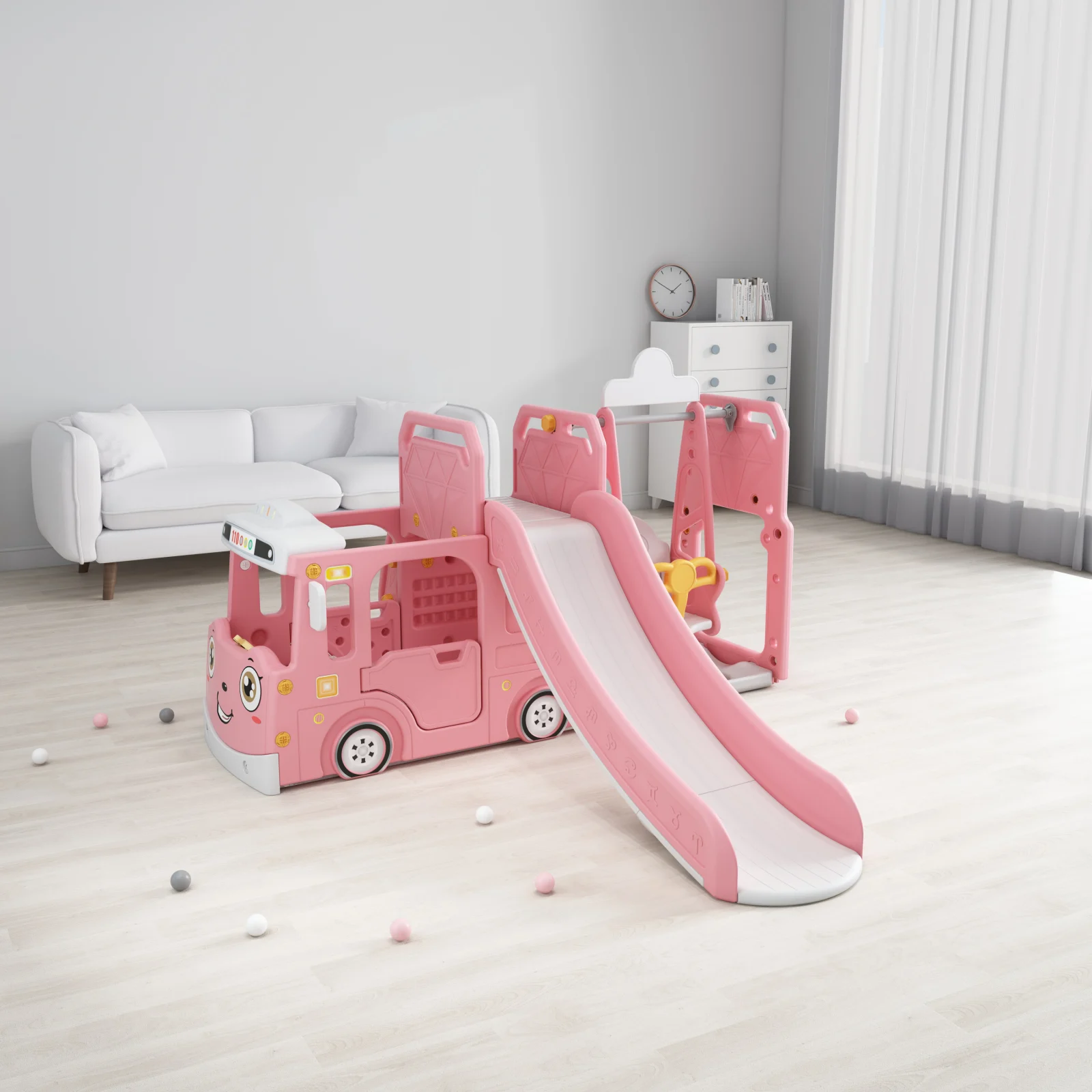 Solley Playset for Kids, 4-in-1 with Slide, Swing, Bus-Shaped Playhouse, and Basketball Hoop, Pink [1]