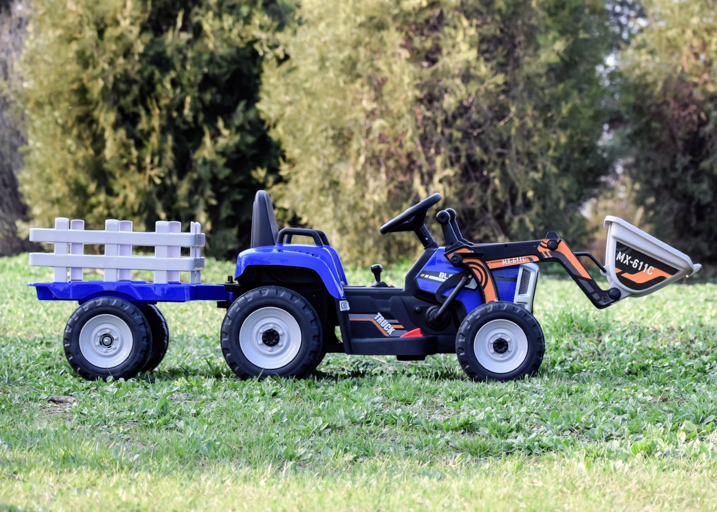 Excavator electric + remorca Farm Traktor 60W 12V RC, Bluetooth, albastru [2]
