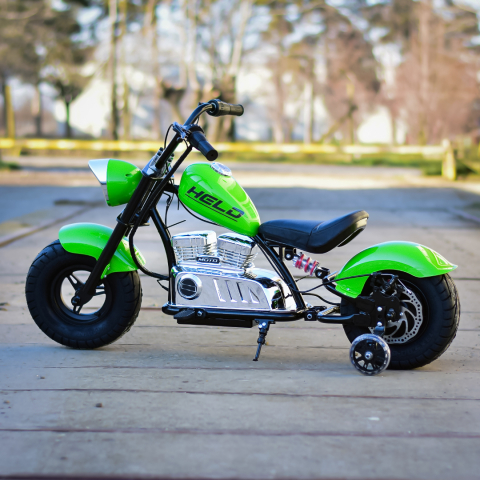 Electric ride-on motorcycle for 5 - 9 years, model Old-School, 300W, 24V, inflatable wheels, upholstered seat, premium, green [9]