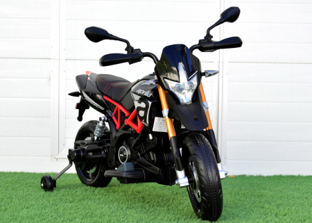 Licensed electric ride-on motorcycle, Aprilia Dorsoduro 900, 60W 12V, leather seat, black [1]