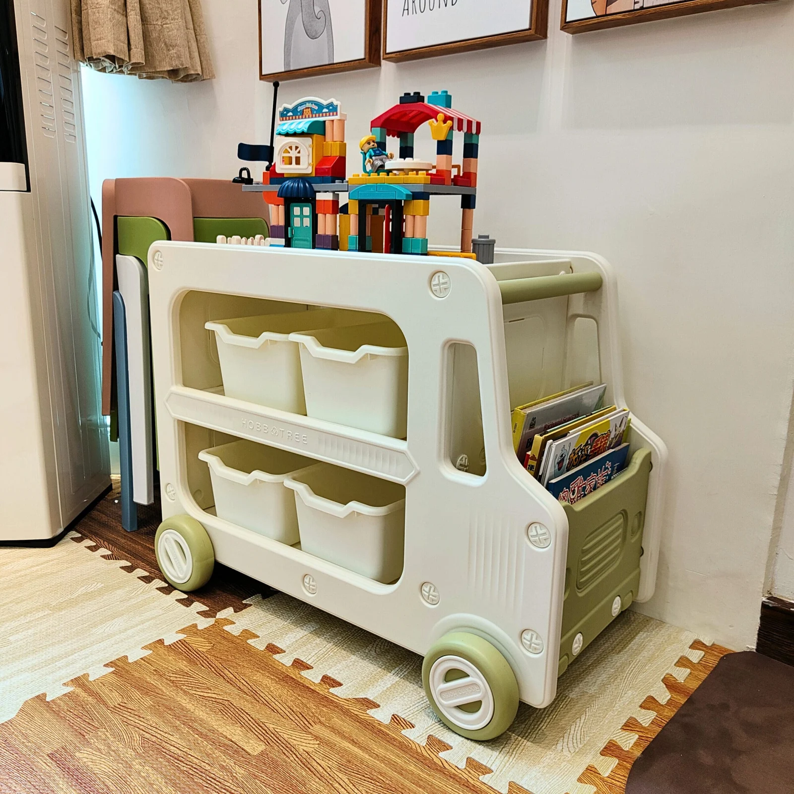 Toy Organizer, Bus-Shaped with Wheels, Multifunctional, Includes LEGO Piece Holder, green [2]
