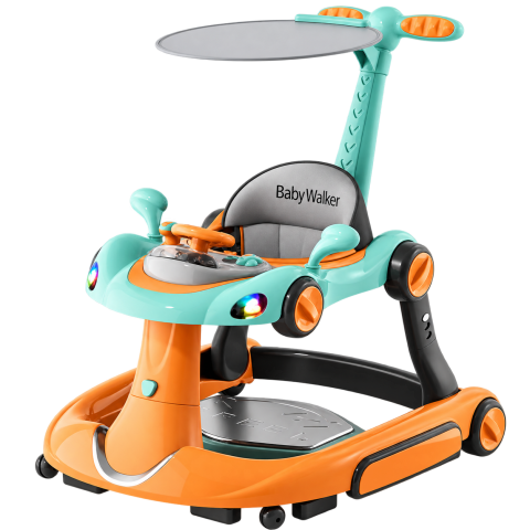 Vehicule speciale copii - Premergator 5 in 1, balansoar, jumper, maner parental, parasolar, volan, lumini si muzica, reglabil si pliabil, orange