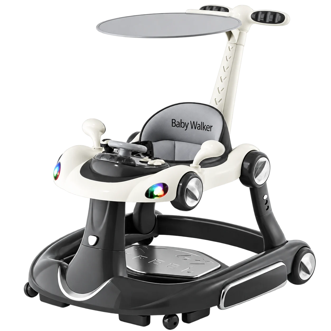 Vehicule speciale copii - Premergator 5 in 1, balansoar, jumper, maner parental, parasolar, volan, lumini si muzica, reglabil si pliabil, negru cu alb