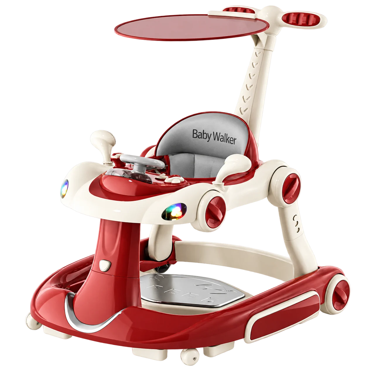 Vehicule speciale copii - Premergator 5 in 1, balansoar, jumper, maner parental, parasolar, volan, lumini si muzica, reglabil si pliabil, rosu