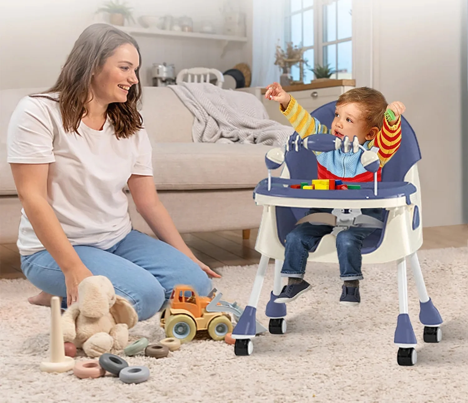 Children’s High Chair & Play Chair, Suitable for Ages 6–36 Months, Adjustable Height, Removable Tray, Safety Harness, blue [6]