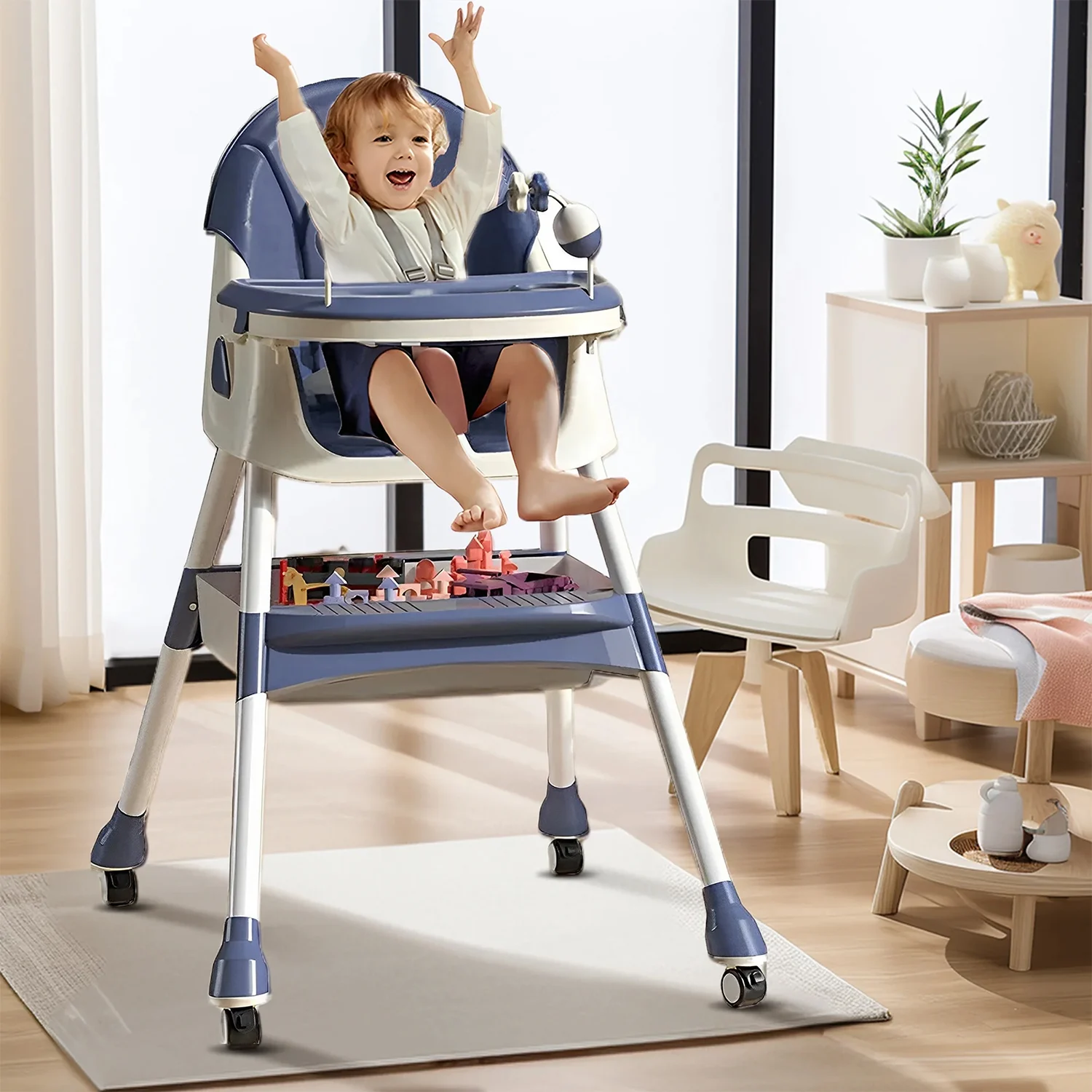 Children’s High Chair & Play Chair, Suitable for Ages 6–36 Months, Adjustable Height, Removable Tray, Safety Harness, blue [4]