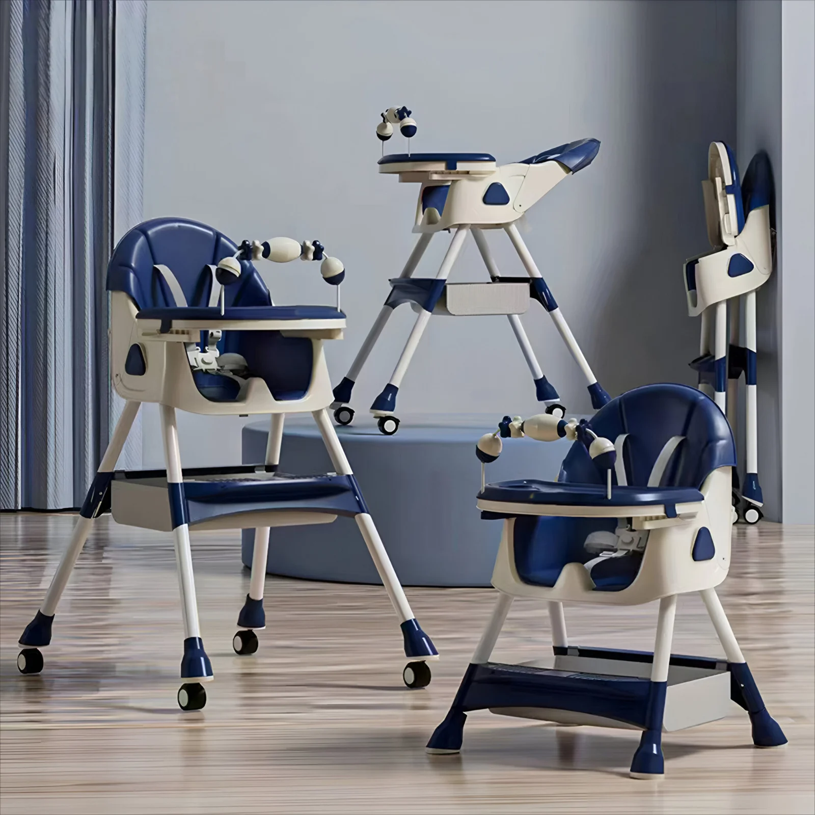 Indoor and outdoor toys - Children’s High Chair & Play Chair, Suitable for Ages 6–36 Months, Adjustable Height, Removable Tray, Safety Harness, blue