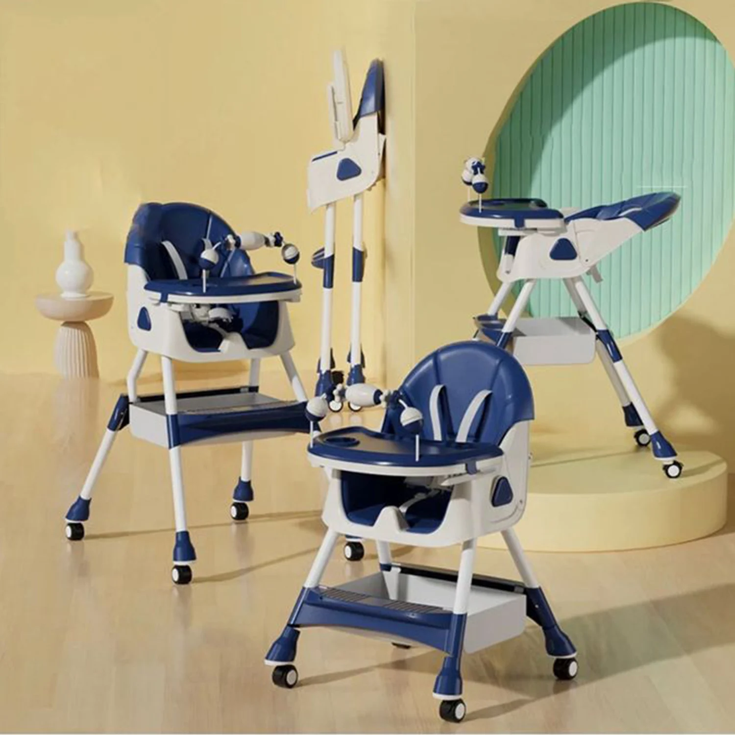 Children’s High Chair & Play Chair, Suitable for Ages 6–36 Months, Adjustable Height, Removable Tray, Safety Harness, blue [2]