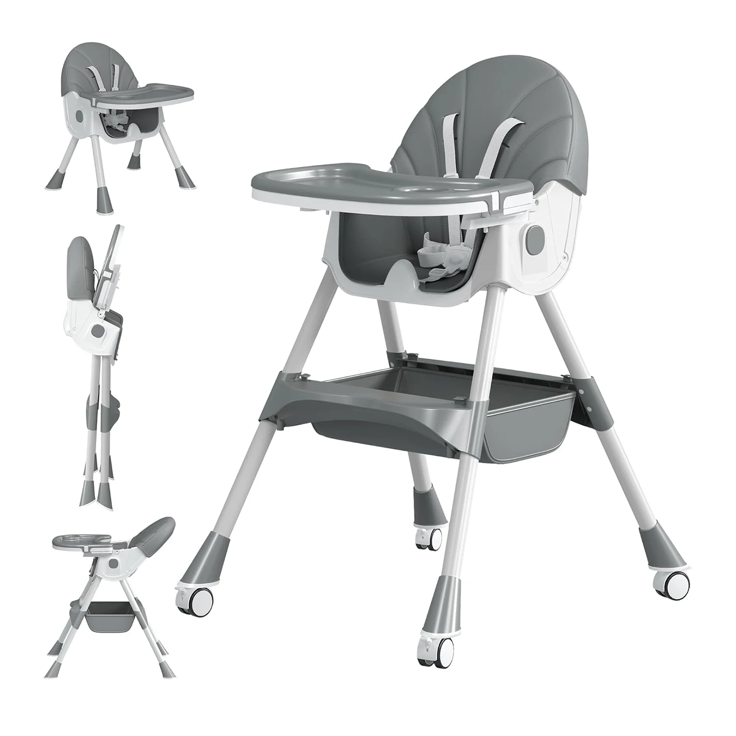 Indoor and outdoor toys - Children’s High Chair & Play Chair, Suitable for Ages 6–36 Months, Adjustable Height, Removable Tray, Safety Harness, gray