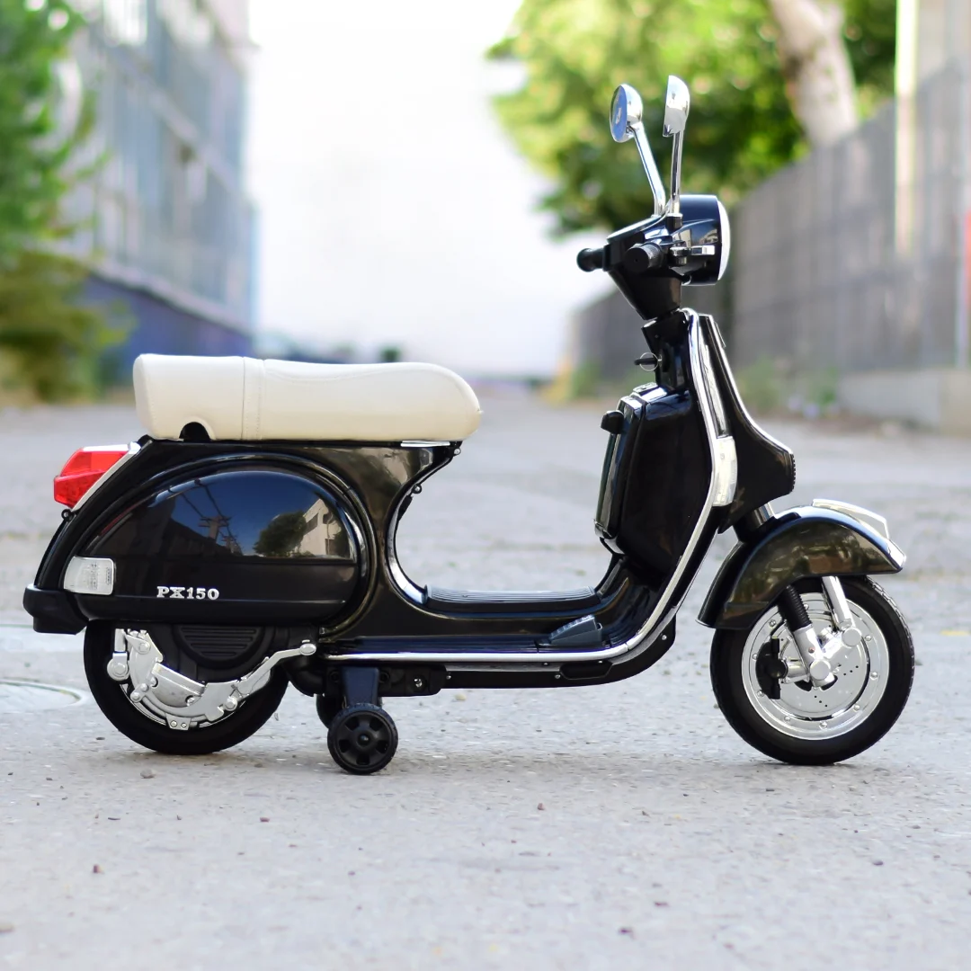 Scuter electric pentru copii Piaggio PX150, 70W, 12V, echipat premium, cu roti ajutatoare, negru [5]