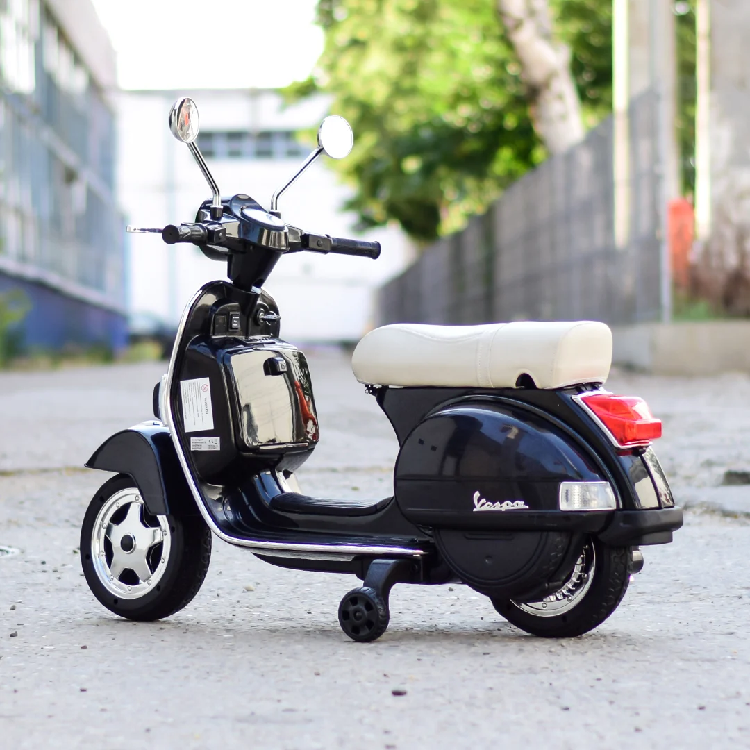 Scuter electric pentru copii Piaggio PX150, 70W, 12V, echipat premium, cu roti ajutatoare, negru [4]