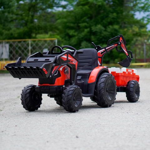 Tractor electric cu remorca pentru copii 720-T, 90W, cupa si incarcator, 12V, premium, rosu [1]