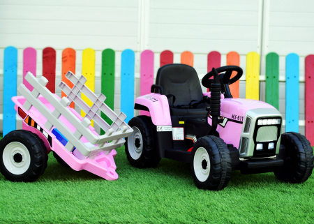 Electric ride-on tractor BJ-611, 60W, 12V with trailer and remote control, pink [2]