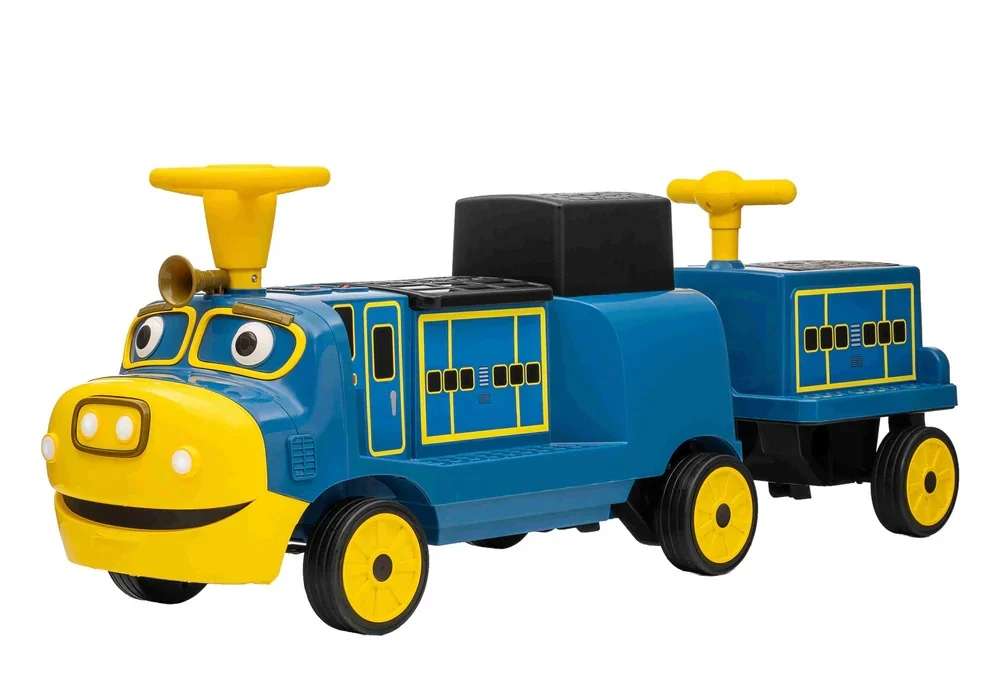 Vehicule speciale copii - Trenulet copii CHUGGINGTON cu 2 vagoane extra, 4 locuri, 180W, 12V 7Ah roti moi, albastru