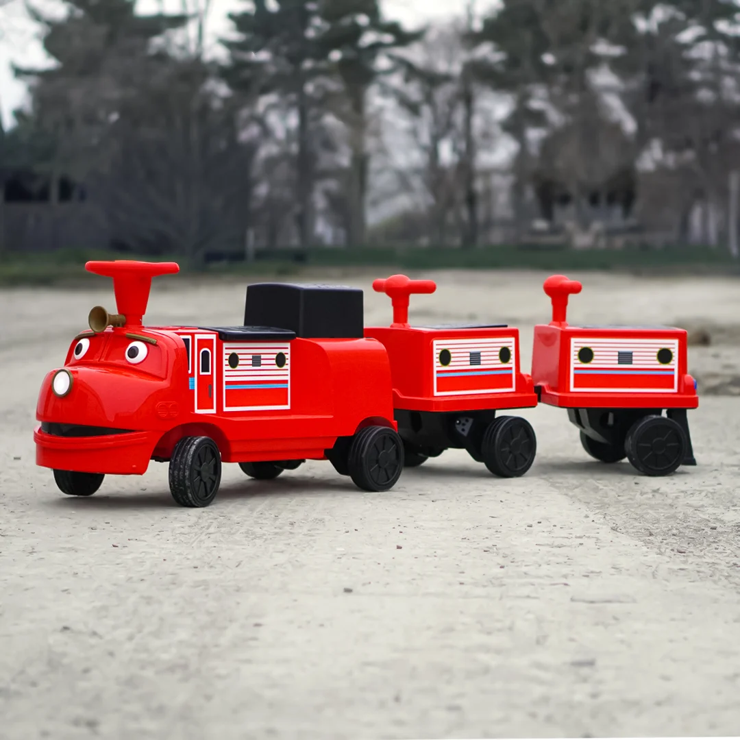 Trenulet copii CHUGGINGTON cu 2 vagoane extra, 4 locuri, 180W, 12V 7Ah roti moi, rosu [10]