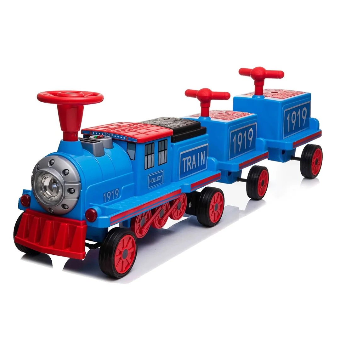 Special Ride on vehicles - Kids Electric Train with 2 Additional Wagons for 4 Children, 12V 14Ah, 180W, Blue